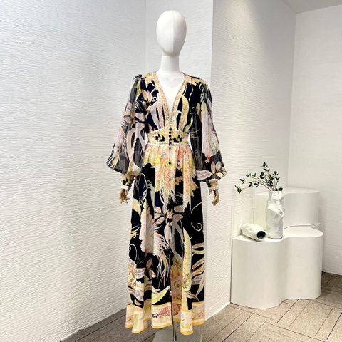 VÁY ZIMMERMANN Beading Black Long Sleeve Floral Print Midi Dress High Classy
