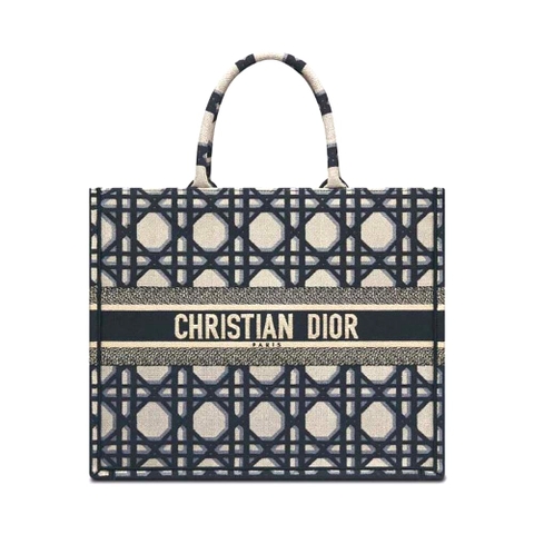 TÚI Dior Women Large Dior Book Tote Beige and Blue Macrocannage Embroidery