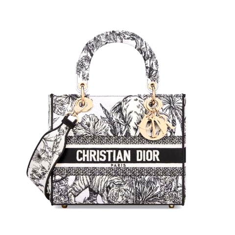 TÚI Dior Women Medium Lady D-lite Bag White and Black Toile de Jouy Voyage Embroidery