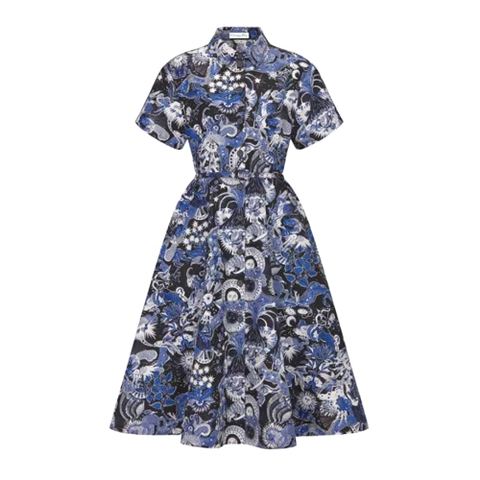 VÁY Dior Women Mid-Length Belted Dress Blue Dior Zodiac Fantastico Cotton Poplin
