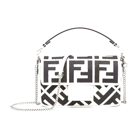 TÚI Fendi Women Baguette Mini White and Black Canvas Bag with FF Embroidery