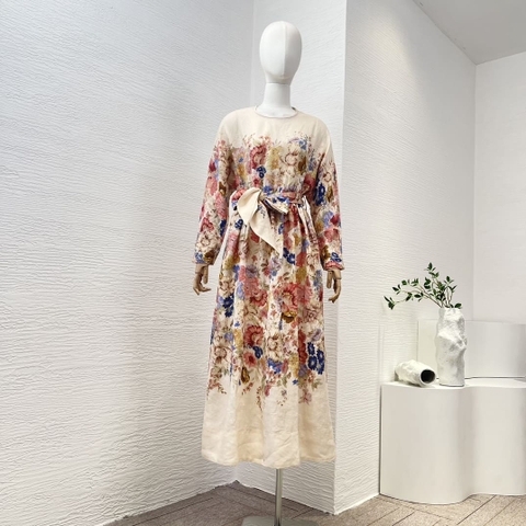 VÁY ZIMMERMANN Beige Floral Print Long Sleeve Belt Midi DressHigh Classy