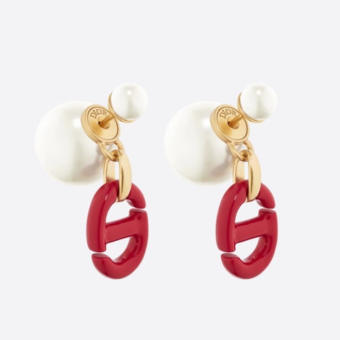 Bông tai Dior Women Tribales Earrings Gold-Finish Metal and White Resin Pearls with Raspberry Lacquer