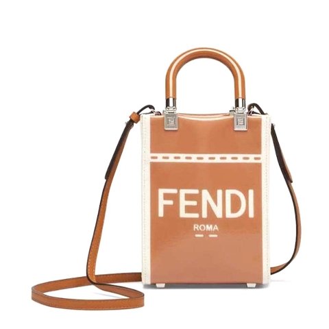 TÚI Fendi Women Mini Sunshine Shopper Brown Patent Leather and Canvas Mini-Bag