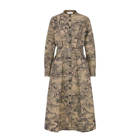 VÁY Dior Women Belted Shirt Dress Beige Cotton Gabardine with Toile de Jouy Voyage Motif
