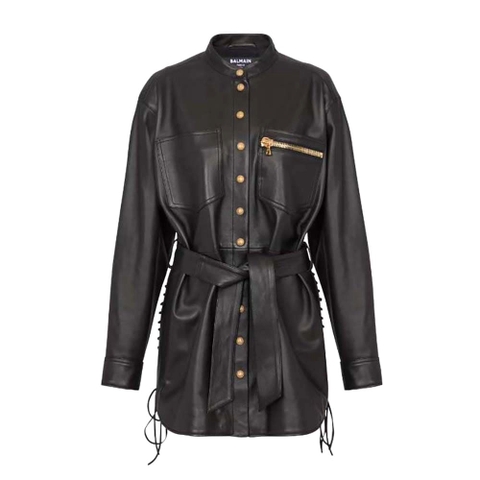 ÁO Balmain Women Leather Overshirt with Lace-up Details