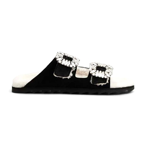 GIÀY Roger Vivier Women Slidy Viv’ Fur Strass Buckle Mules in Suede-Black