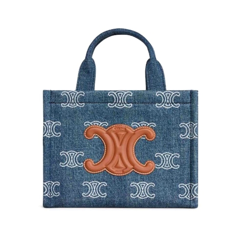 TÚI Celine Women Small Cabas Thais in Denim with Triomphe all-over Embroidery and Calfskin