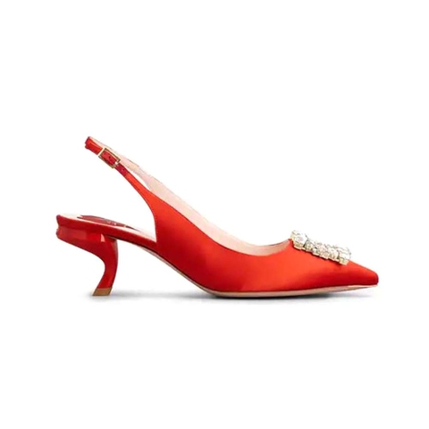 GIÀY Roger Vivier Women Virgule Strass Buckle Slingback Pumps in Satin-Red