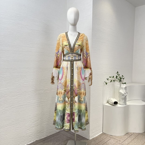 VÁY CAMILLA Golden Floral Print Diamonds Pressed Midi Dress High Classy