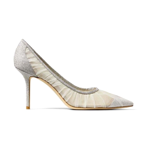 GIÀY Jimmy Choo Women Love 85 Metallic Silver Glitter Fabric Pumps with Ivory Tulle Overlay
