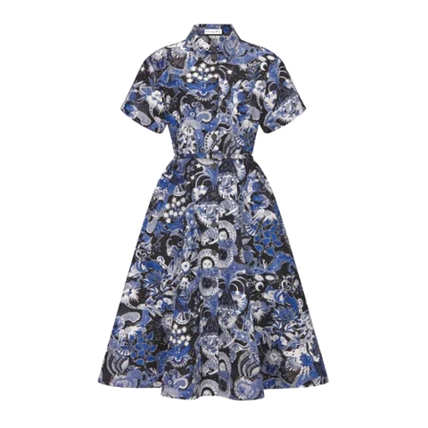 Váy Dior Women Mid-Length Belted Dress Blue Dior Zodiac Fantastico Cotton Poplin