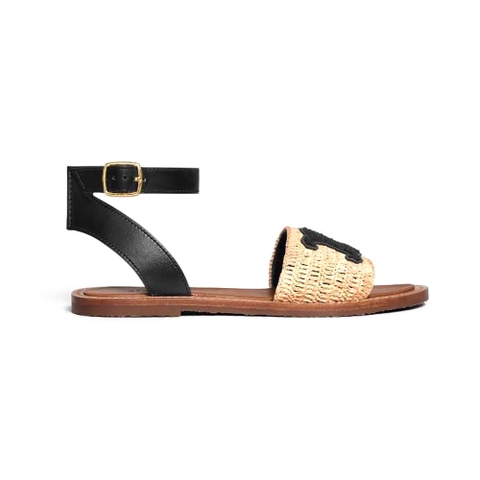 DÉP Sandals Celine Women Lympia Flat Strap Sandal in Raffia & Calfskin-Black