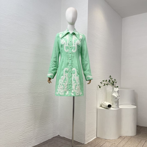 VÁY ZIMMERMANN Mint Green Turn Down Collar Linen Mini Dress High Classy