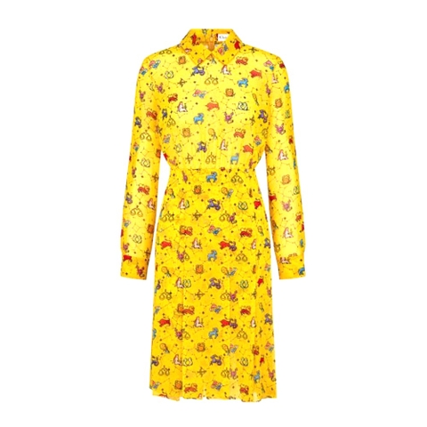 Váy Dior Mid-Length Shirt Dress Yellow Silk Chiffon with Multicolor Dior Pixel Zodiac Motif