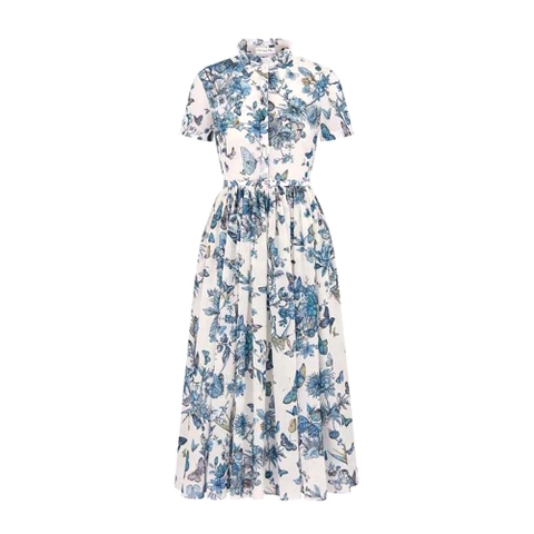 VÁY Dior Mid-length Shirt Dress White and Pastel Midnight Blue Cotton Voile