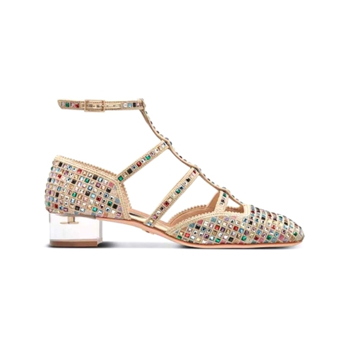 GIÀY Dior Women Arty Ballerina Flat Gold-Tone Cotton Embroidered with Metallic Thread and Multicolor Square Strass