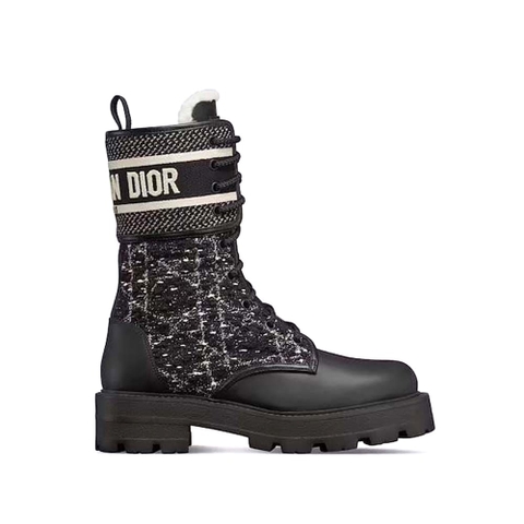 GIÀY Dior Women D-Major Ankle Boot Black Calfskin with Black and White Cannage Tweed