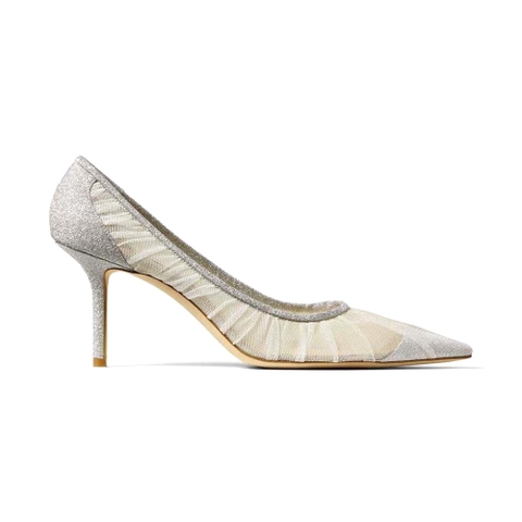 GIÀY Jimmy Choo Women Love 65 Metallic Silver Glitter Fabric Pumps with Ivory Tulle Overlay