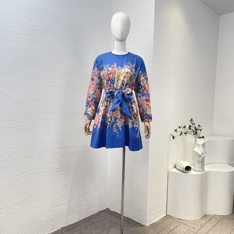 VÁY ZIMMERMANN Blue Floral Print Long Sleeve Loose Mini Dress High Classy