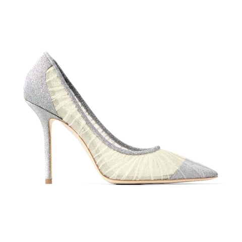 GIÀY Jimmy Choo Women Love 100 Metallic Silver Glitter Fabric Pumps with Ivory Tulle Overlay