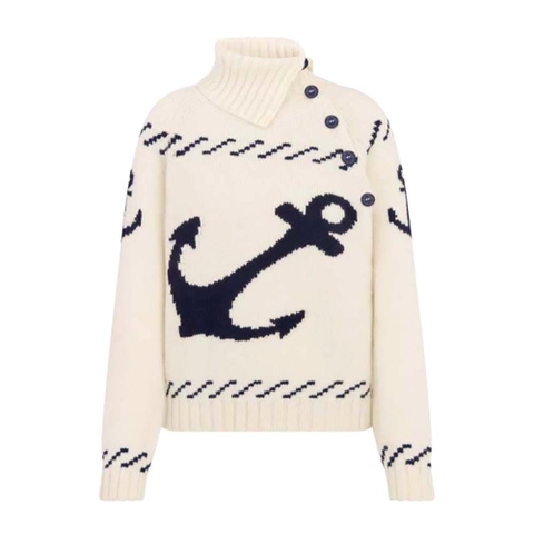 ÁO Dior Turtleneck Sweater Ecru and Navy Blue Wool and Cashmere Knit with Signature