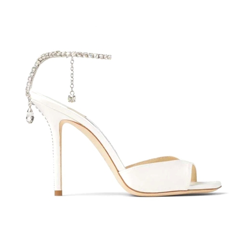 GIÀY Jimmy Choo Women Saeda Sandal 100 Ivory Satin Sandals with Crystal Embellishment