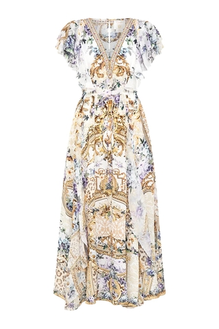 VÁY CAMILLA Silk Blue Cardigan Embellished V-Neck Maxi Dress High Classy NgắnTay