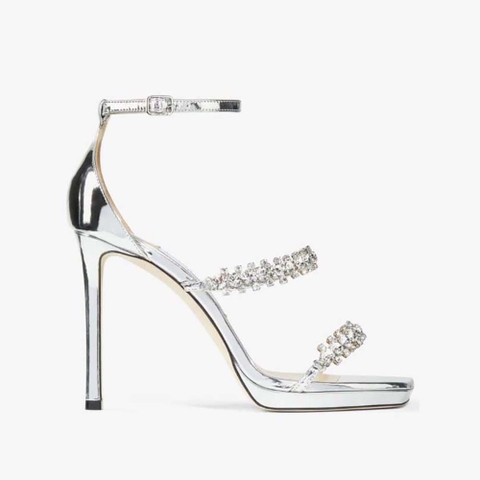 GIÀY Jimmy Choo Women Bing Sandal 105 Silver Liquid Metal Sandals with Crystal Straps