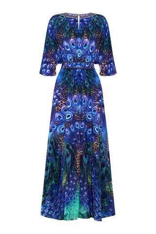 VÁY CAMILLA Silk Diamond Peacock Embellished V-Neck Maxi Dress High Classy Họa Tiết Lông Công