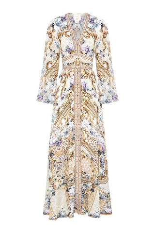 VÁY CAMILLA Silk Blue Cardigan Embellished V-Neck Maxi Dress High Classy Dài Tay