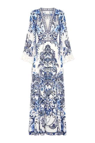 VÁY CAMILLA Silk Cardigan Embellished V-Neck Maxi Dress High Classy