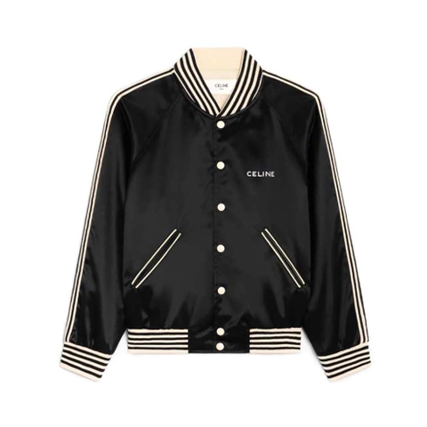 ÁO Celine Embroidered Teddy Jacket in Satin-finish Nylon-Black