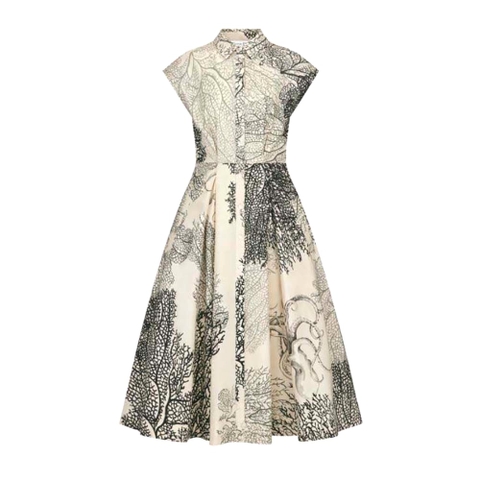 Váy Dior Women Mid-Length Dress White and Black Under The Sea Cotton Poplin