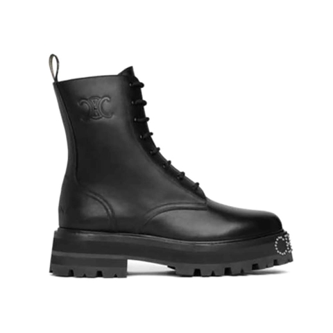 GIÀY Celine Women Lace-up Boot with Studded Outsole Celine Bulky in Shiny Bull-Black