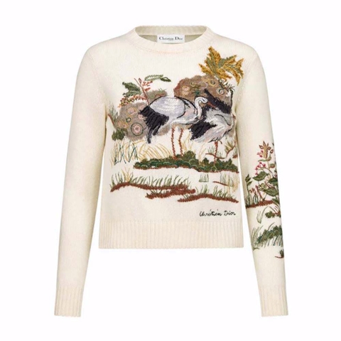 ÁO Dior Women Sweater Ecru Cashmere with Multicolor Dior Jardin D Hiver Motif