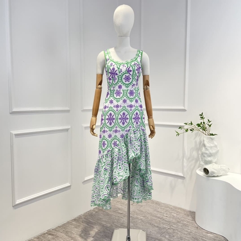 VÁY ZIMMERMANN Green Purple White Hollow Embroidery Irregular Hem Dress High Classy