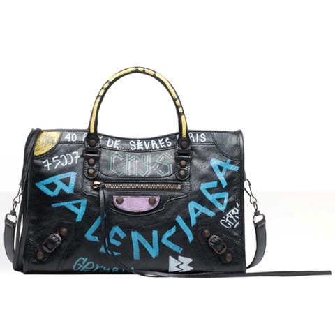 TÚI Balenciaga Women Classic City S Graffiti Small Lambskin Bag-Blue