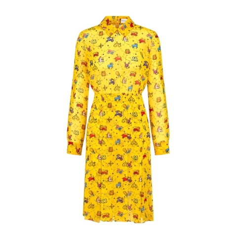 VÁY CHRISTIAN DIOR Mid-Length Shirt Dress Yellow Silk Chiffon with Multicolor Dior Pixel Zodiac Motif