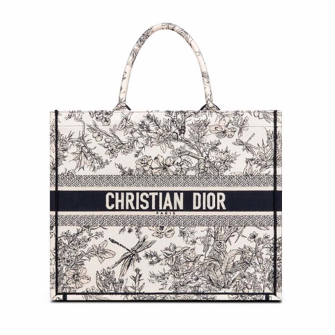 TÚI Dior Women Large Dior Book Tote Blue Toile de Jouy Flowers Embroidery