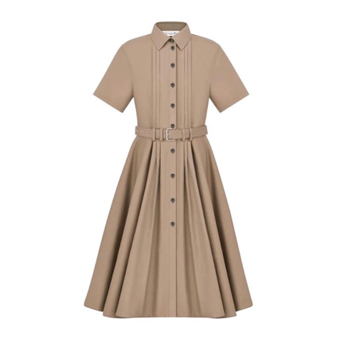 Váy Dior Mid-Length Belted Pleated Dress Beige Technical Cotton Gabardine