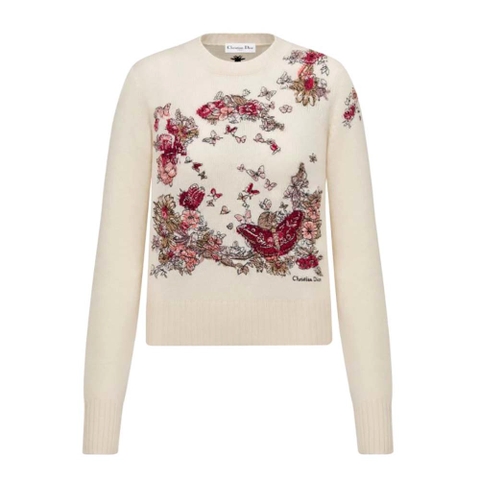 ÁO Dior Women Sweater White Cashmere with Multicolor Butterfly Motif