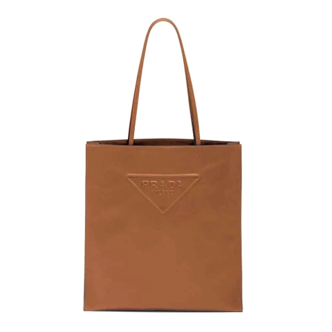 TÚI Prada Women Leather Tote Bag with Embossed Triangle Logo-Brown