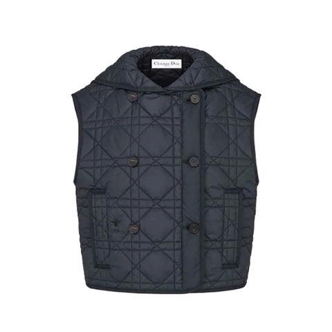 ÁO Dior Women Sleeveless Cropped Macrocannage Vest Navy Blue Quilted Technical Taffeta