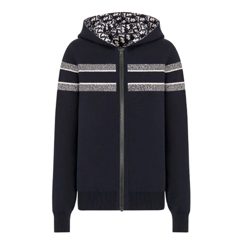 ÁO Dior Women Reversible Zipped Cardigan with Hood Blue Dior Oblique Technical Cashmere