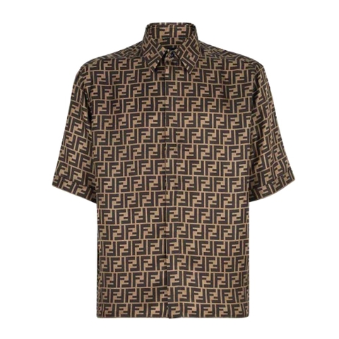 ÁO Fendi Brown Silk Shirt with Italian-Style Collar and Short Sleeves