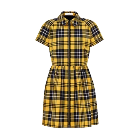 VÁY CHRISTIAN DIOR Women Zipped Dress Yellow and Black Check n Dior Wool Twill