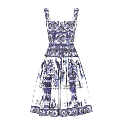 VÁY Dolce Gabbana D&G Women Bustier Midi Dress in Majolica-Print Poplin