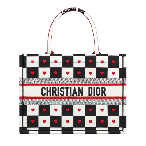 TÚI Dior Women Small Dioramour Dior Book Tote Black White and Red D-Chess Heart Embroidery