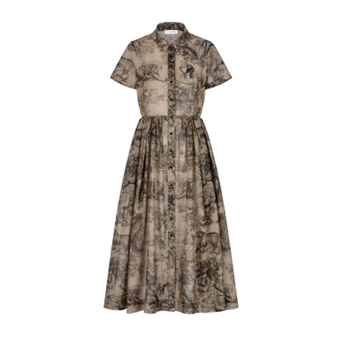 Váy Dior Shirt Dress Hazelnut Cotton Voile with Toile de Jouy Motif